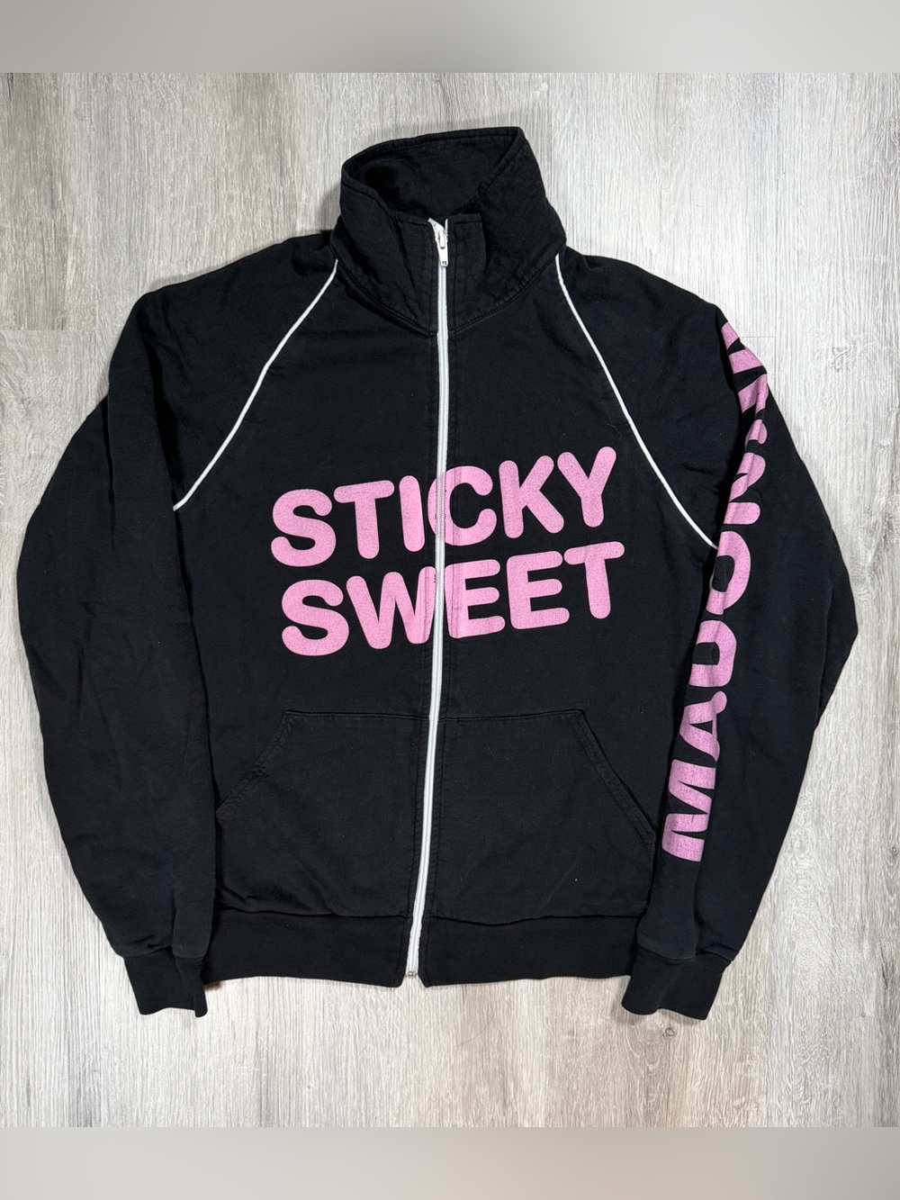 American Apparel Madonna Sticky Sweet Tour Black Zip-Up Jacket with Pink